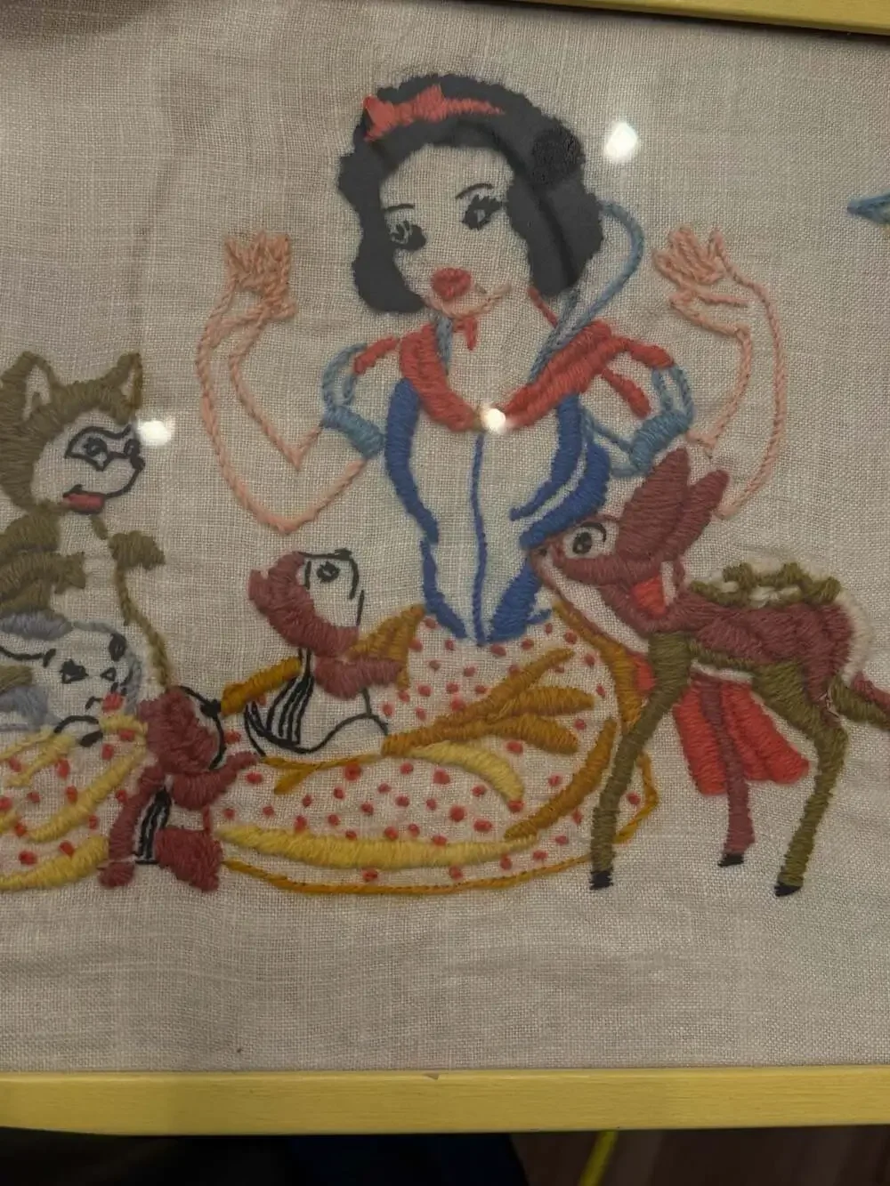 Vintage Embroidered Snow White Woodland Animals Framed Needlepoint Art